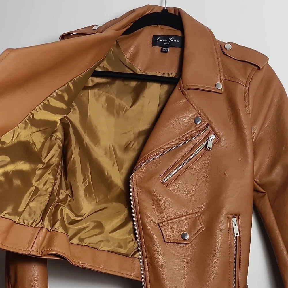 LOVE TREE Tan Vegan Leather Moto Jacket Brown Zip Up Size Small - Picture 10 of 16